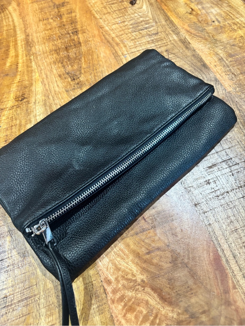 Black Leather Fold-Over Leather Clutch with Zipper